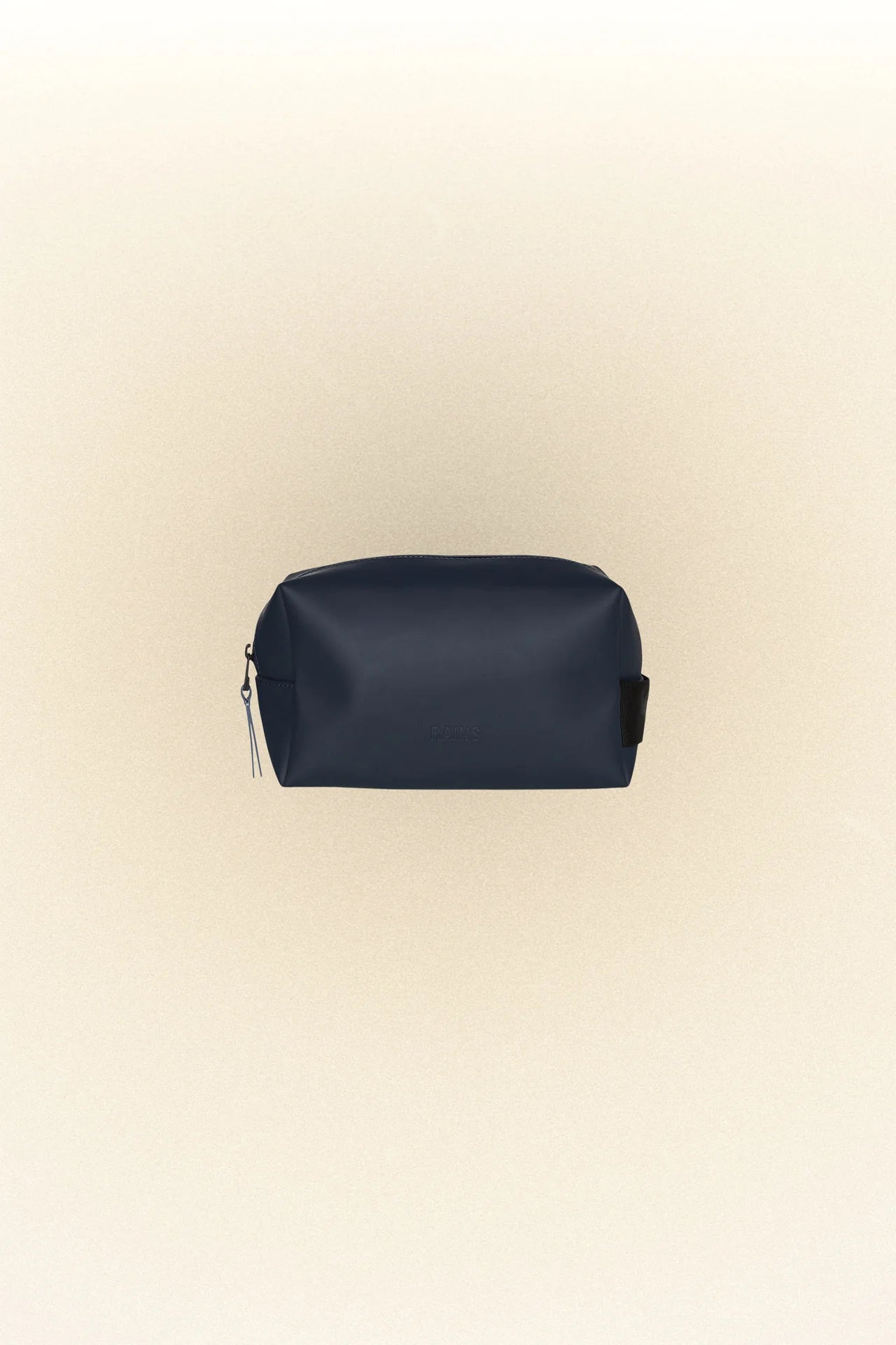 A Rains Wash Bag Small, a small blue waterproof zippered pouch, ideal for toiletries, on a white background.