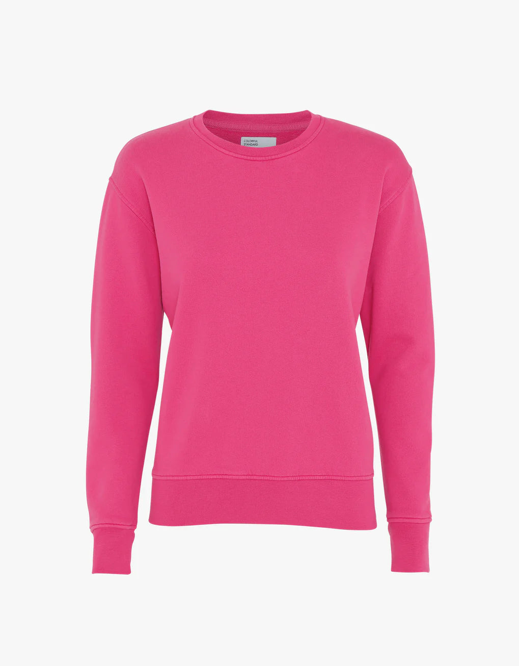 A women's pink Classic Organic Crew sweatshirt by Colorful Standard, made of organic cotton on a white background, machine washable.