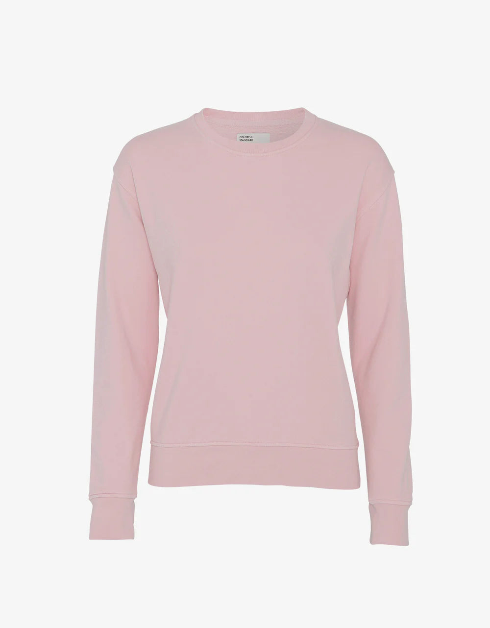 The Colorful Standard Classic Organic Crew sweatshirt features a lush pink shade on a crisp white background. Made from durable, dense knit fabric, it resists pilling to maintain a fresh appearance.