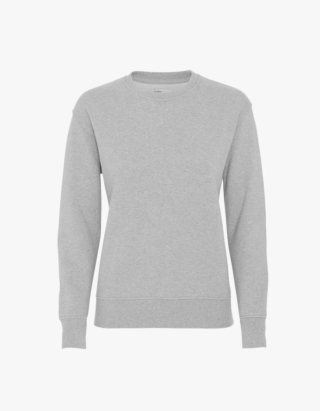 A Colorful Standard Classic Organic Crew women's grey sweatshirt made from organic cotton, machine washable and showcased on a white background.
