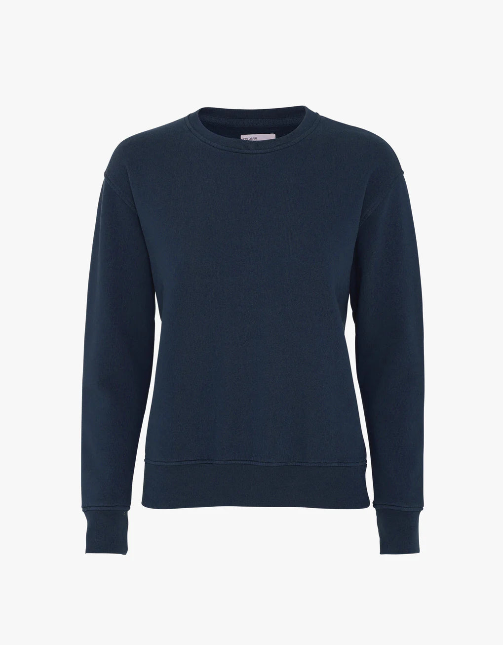 A Classic Organic Crew sweatshirt in dark blue, made from organic cotton by Colorful Standard.