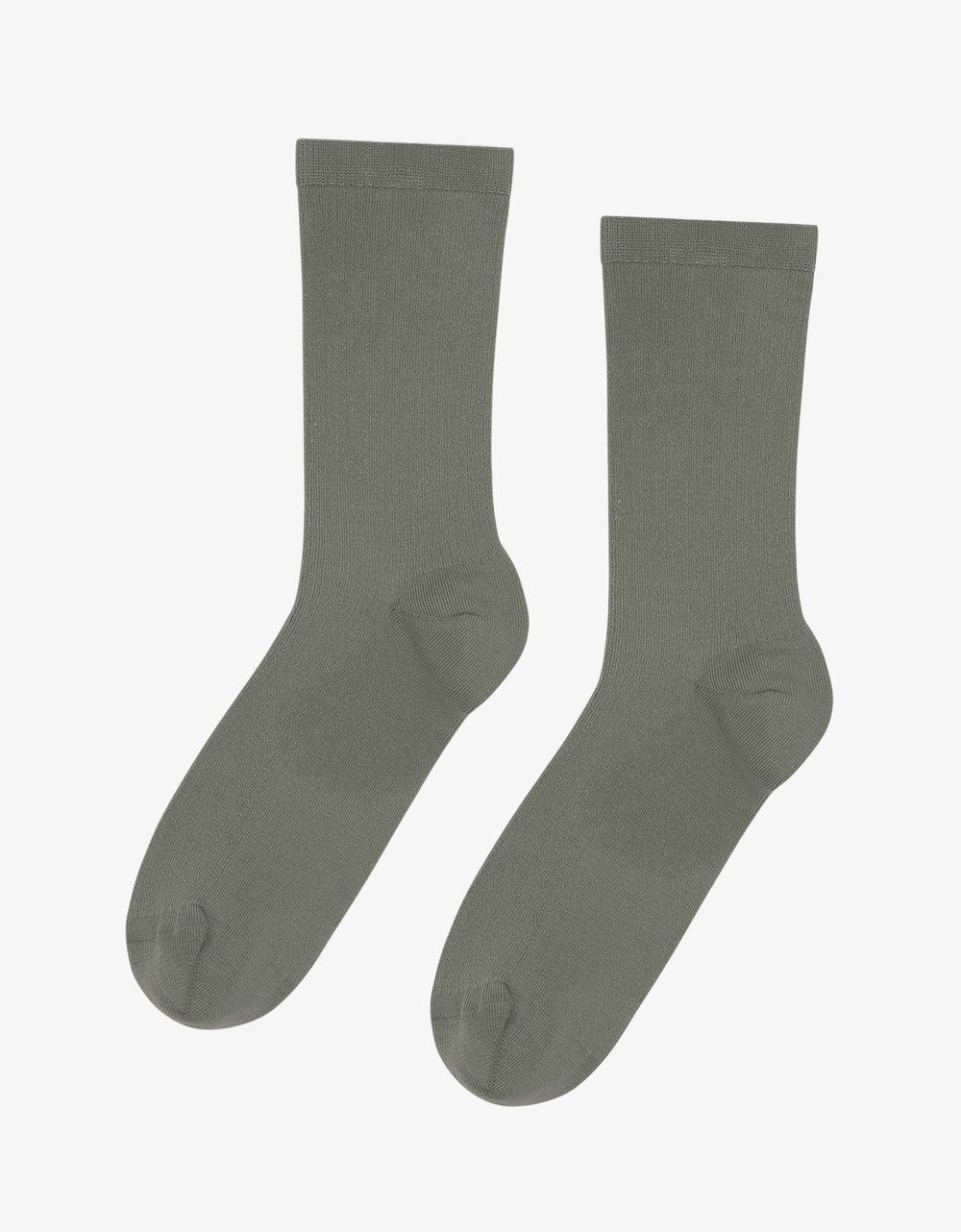 A pair of Colorful Standard's Classic Organic Socks, seamless and olive green, crafted from breathable organic cotton on a white backdrop.