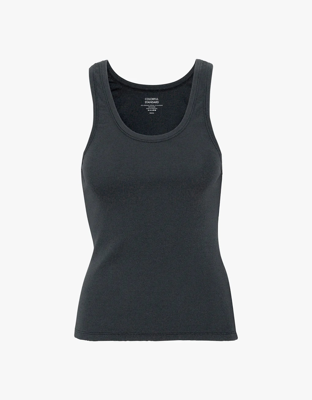 A snug and stretchy Colorful Standard women's black Organic Rib Tank Top on a white background.