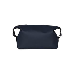 Rains navy wash bag with side handles against a white background
