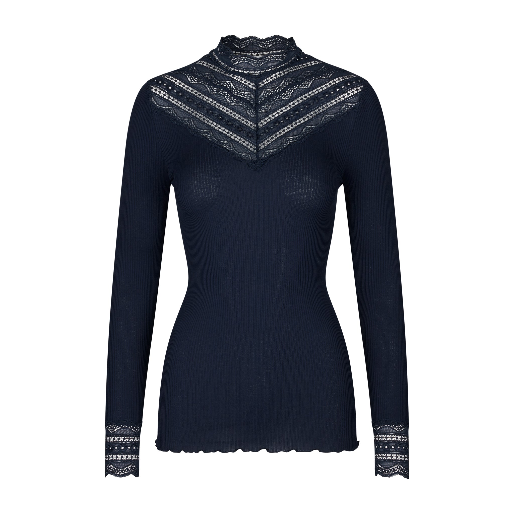 product shot of a navy ribbed long sleeved top with nave neckline and cuffs 