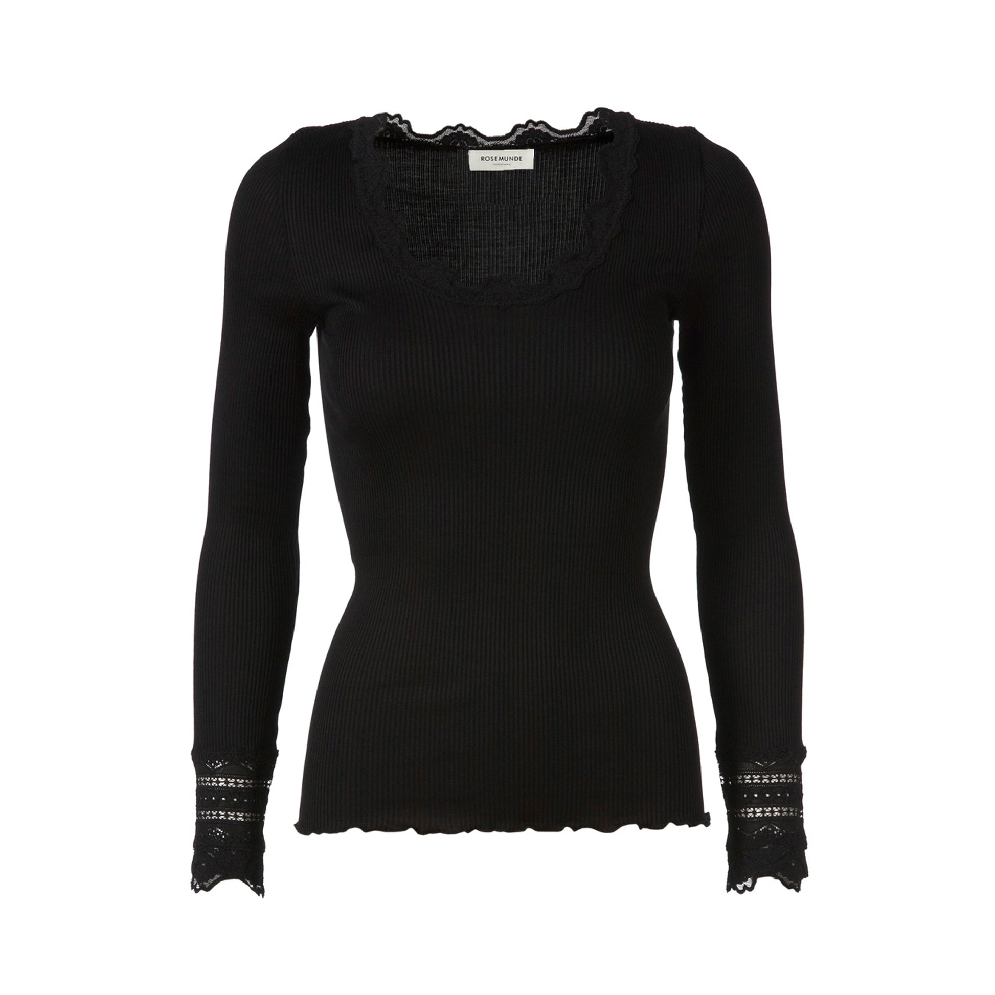 product shot of Rosemunde long sleeved black ribbed top wit lace trims 