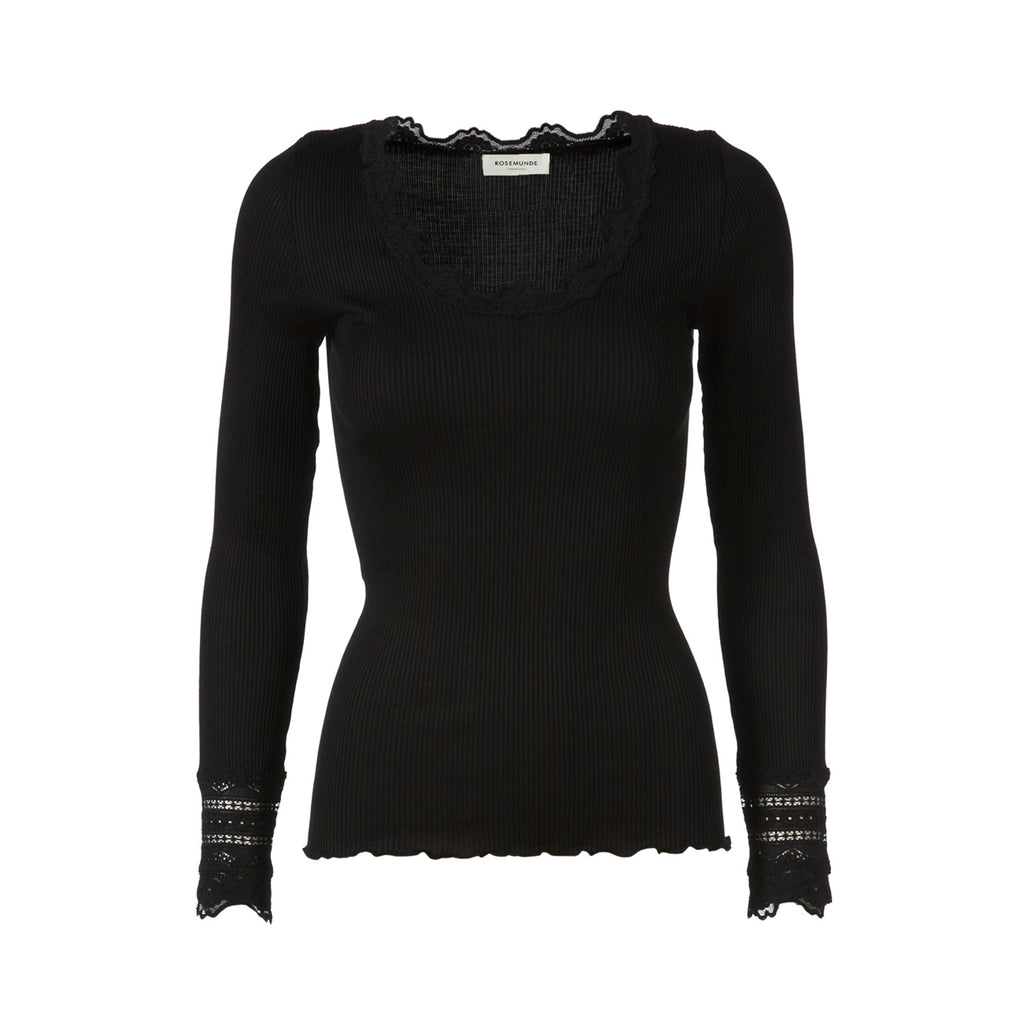 product shot of Rosemunde long sleeved black ribbed top wit lace trims 