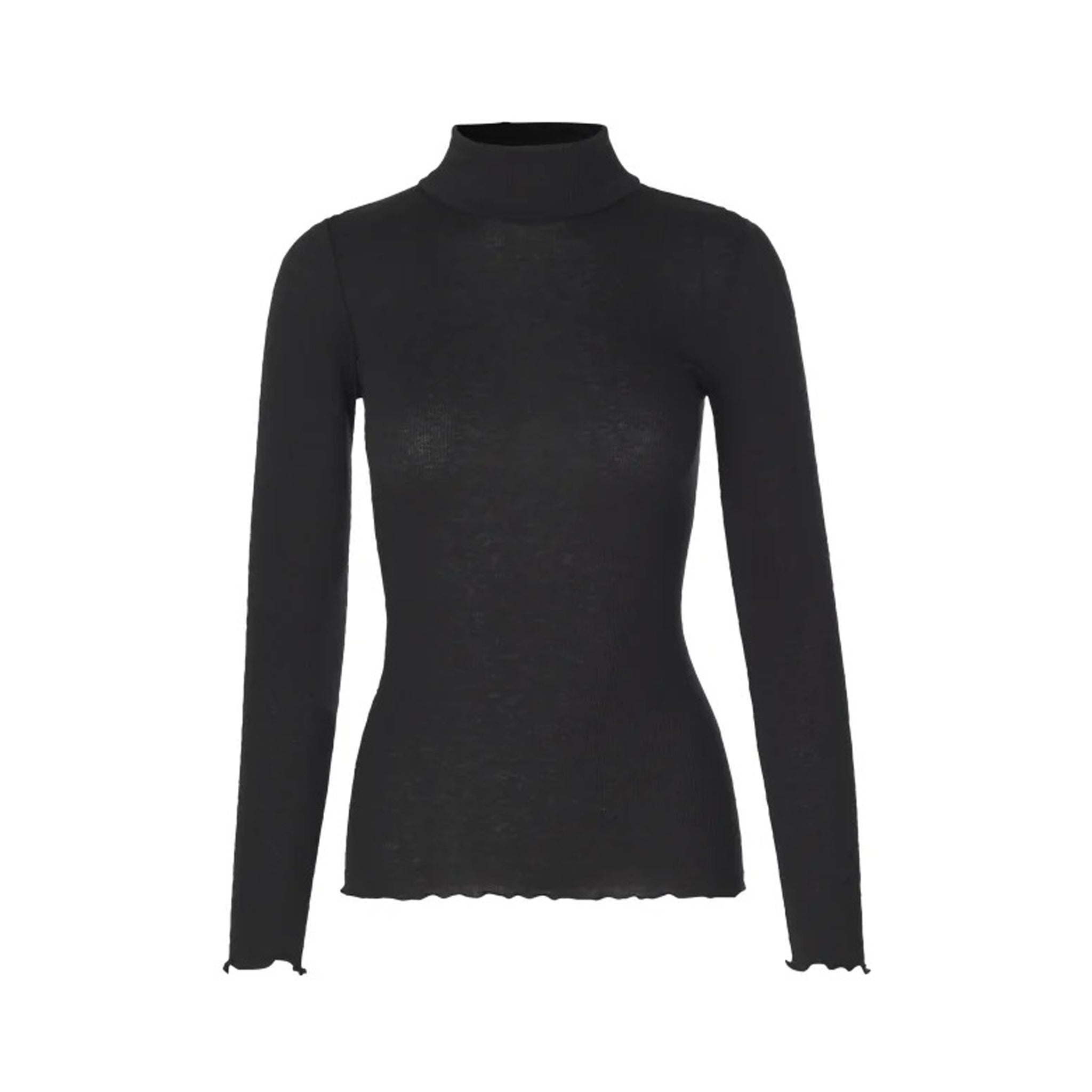 This women's black wool turtleneck top by Rosemunde is a cooler weather essential. Made with a comfortable wool blend fabric, it is perfect for staying warm and stylish.