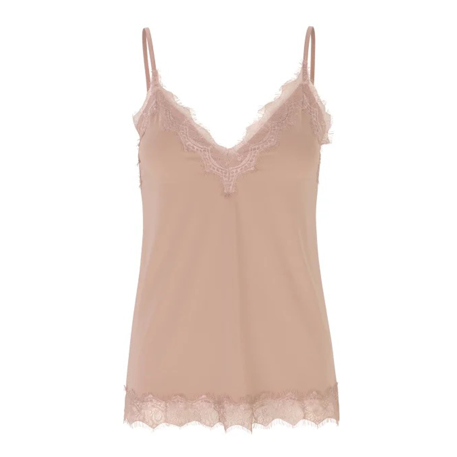 A women's Rosemunde pink cami top with lace trim and lightweight fabric.