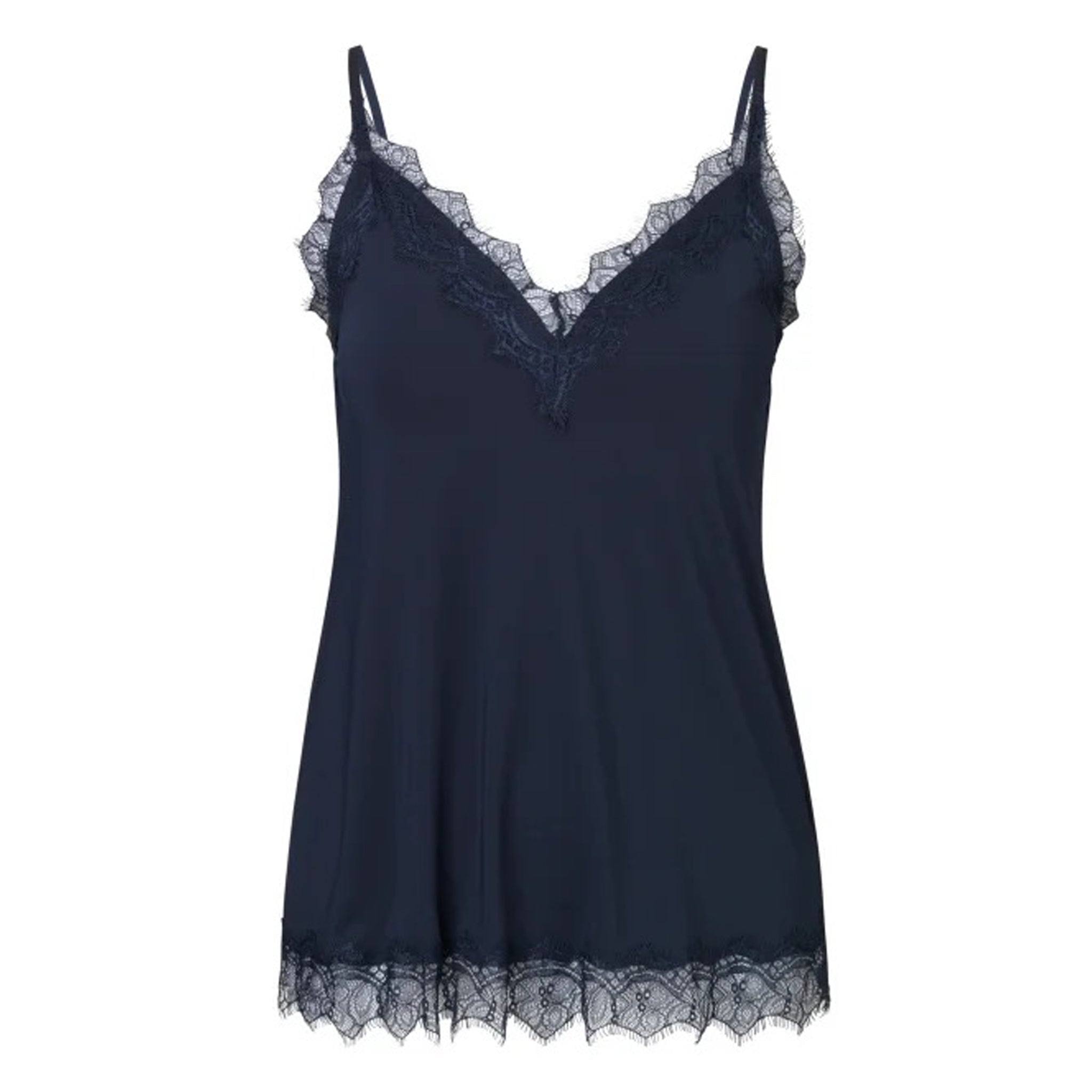 A Rosemunde Strap Lace Top in navy with lace detailing.