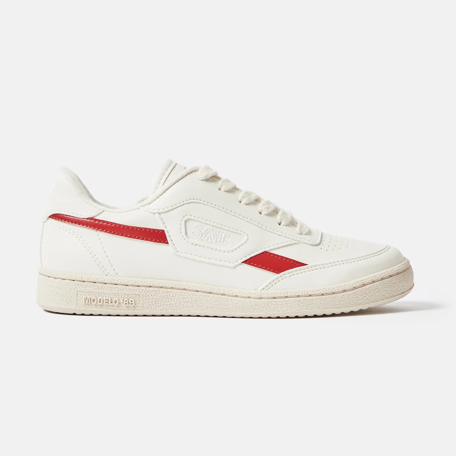 A pair of SAYE Modelo '89 sneakers with red accents, made from vegan Napa material.