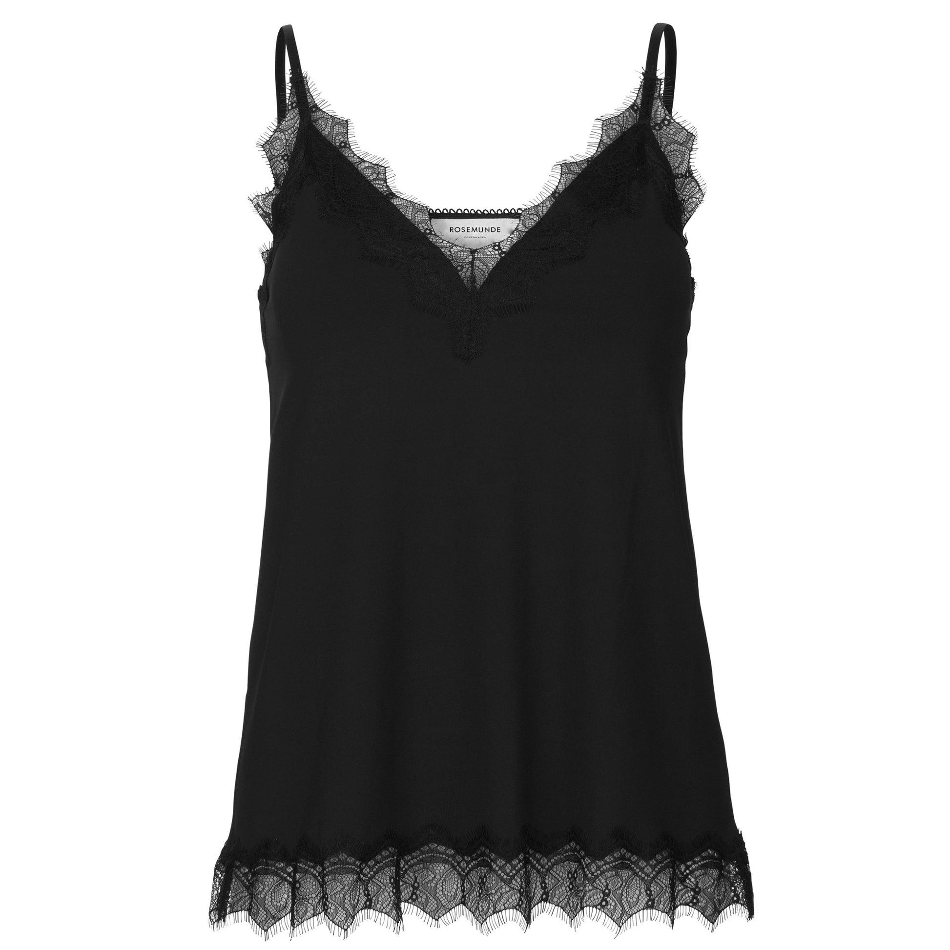 A lightweight Rosemunde black cami top with lace detailing.