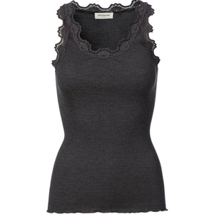 grey silkand cotton ribbed vest with lace trim by rosemunde; front view against a white background 