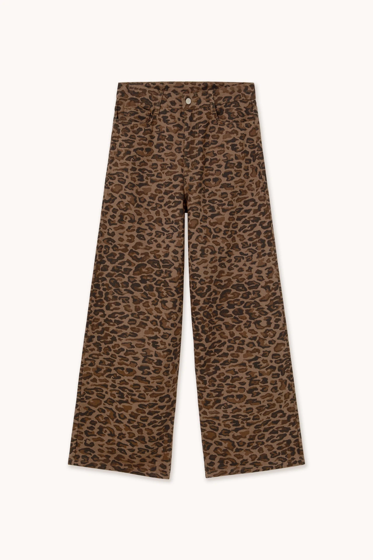 The Tiny Big Sister Berta Animal Print Jeans in Mocha feature a wide-leg silhouette and brown and black leopard pattern, shown laid flat against a light background.