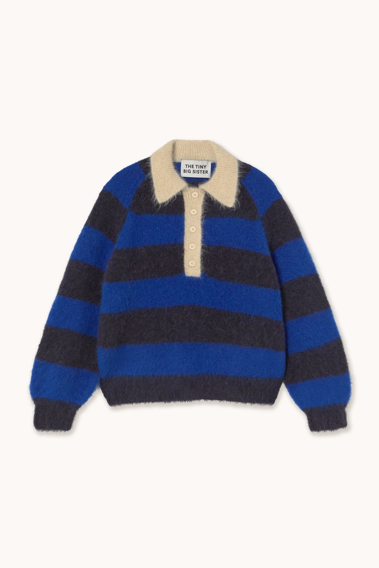 The Frank Striped Polo Jumper - Navy by Tiny Big Sister is an oversized, long-sleeve fuzzy knit sweater with wide navy and dark gray stripes, a beige collar, buttoned placket, and made using sustainable practices.