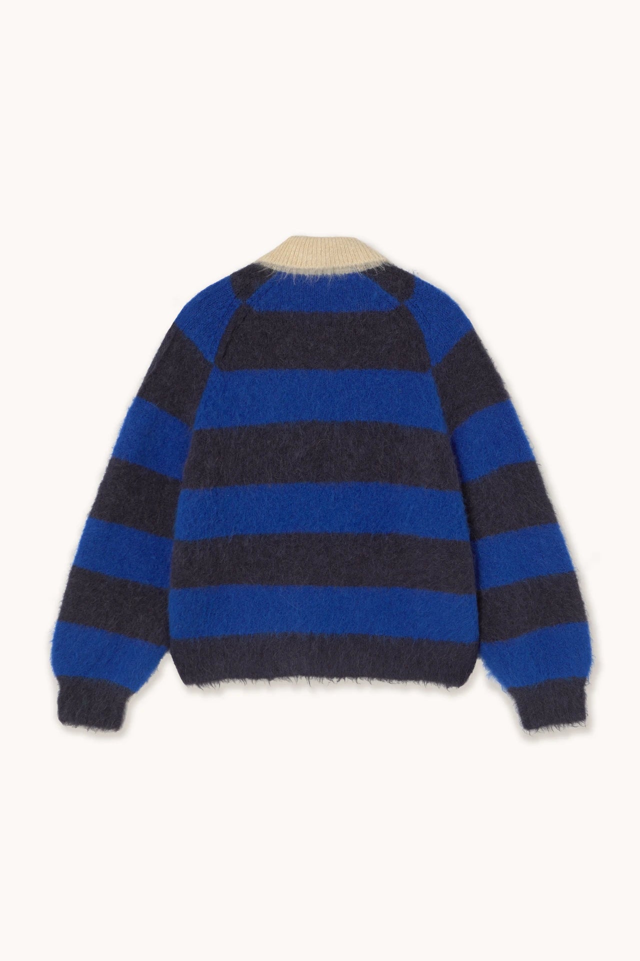 The Frank Striped Polo Jumper - Navy by Tiny Big Sister features an oversized fit, bold blue and dark gray stripes, long sleeves, and a contrasting light beige ribbed collar, shown against a plain background.
