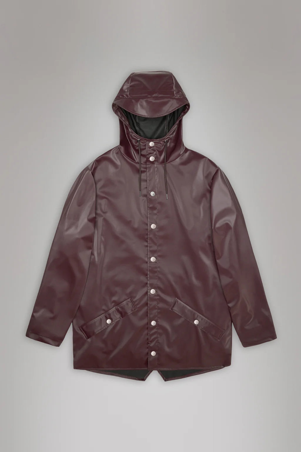 Rains Jacket W3 - Depth: maroon unisex rain jacket with snap buttons, front pockets, and a glossy finish, shown flat on a neutral background.