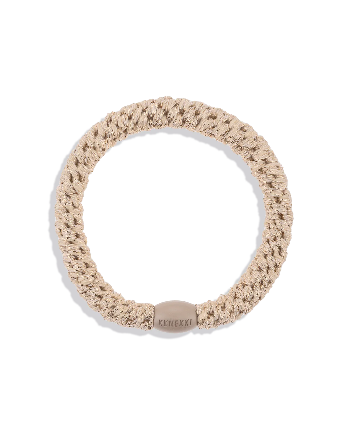 A beige, braided elastic Hair Tie - Original by KKNEKKI features a small oval clasp, offering a gentle grip, displayed against a white background.