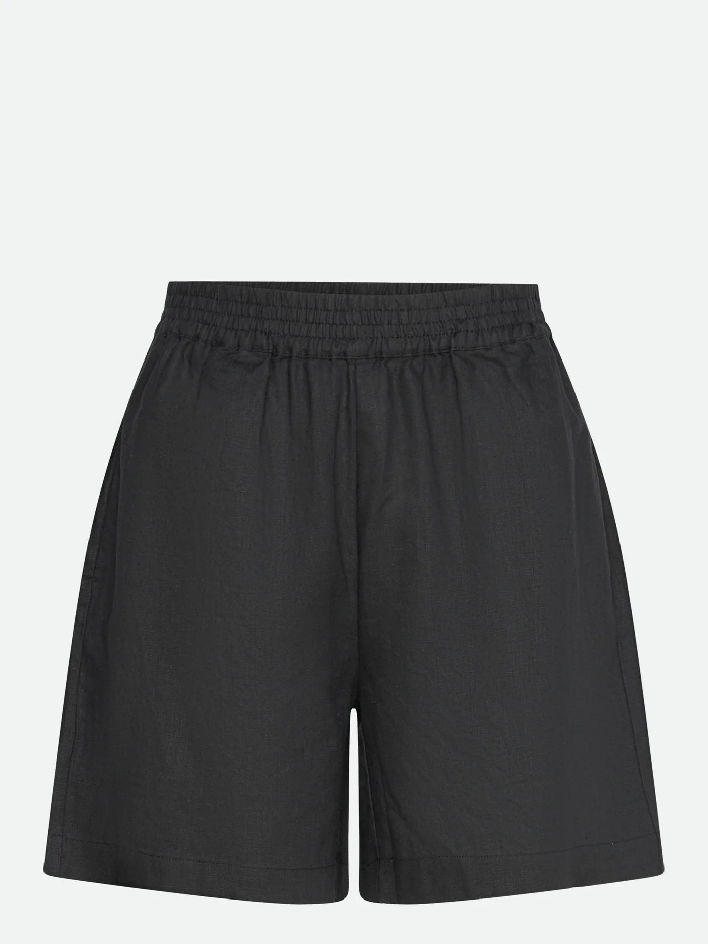 Rosemunde black linen shorts with an organic cotton elastic waistband, isolated on a white background.