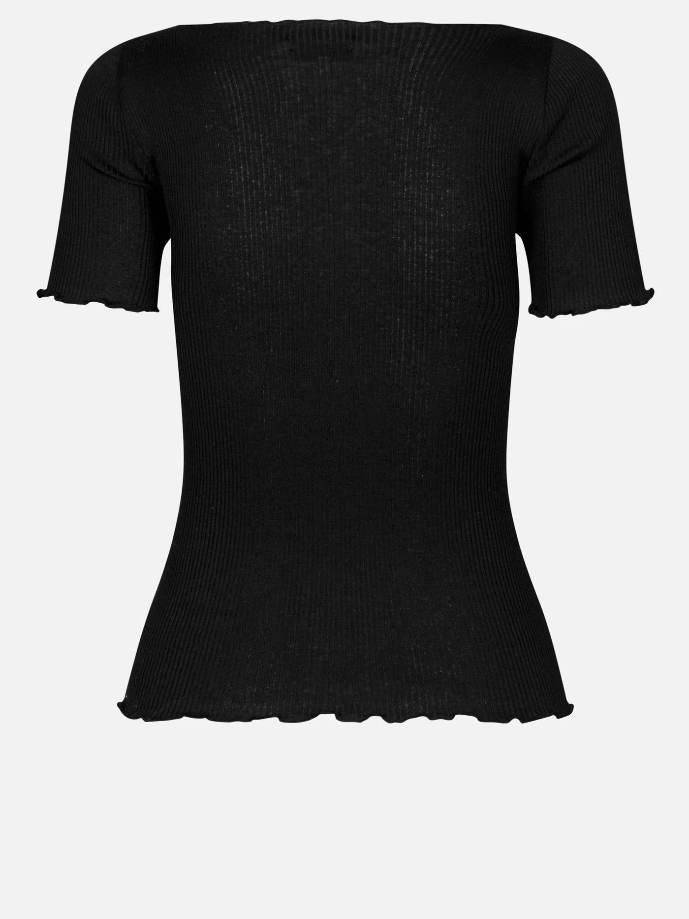 Rosemunde black ribbed silk blend Boat Neck T-Shirt with ruffled edges.