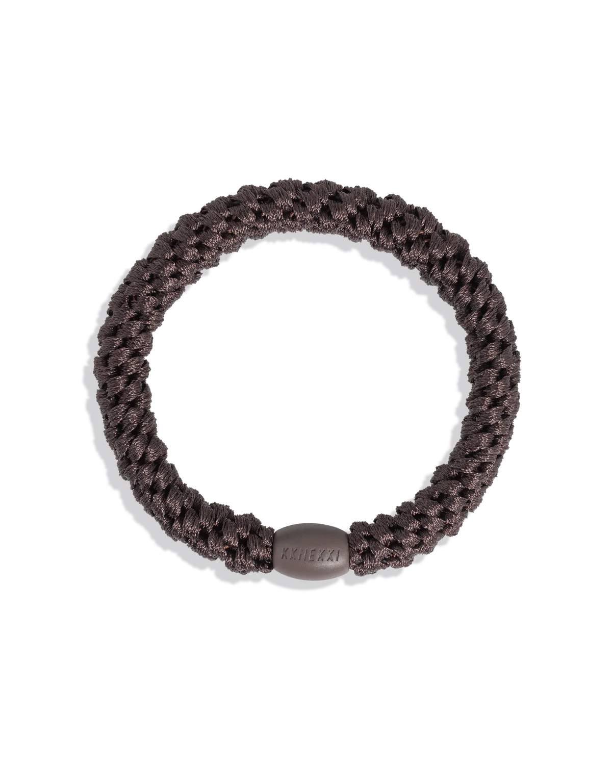 The KKNEKKI Hair Tie - Original features a brown braided design, gentle grip, and a small oval clasp with engraved text, shown against a simple white background.