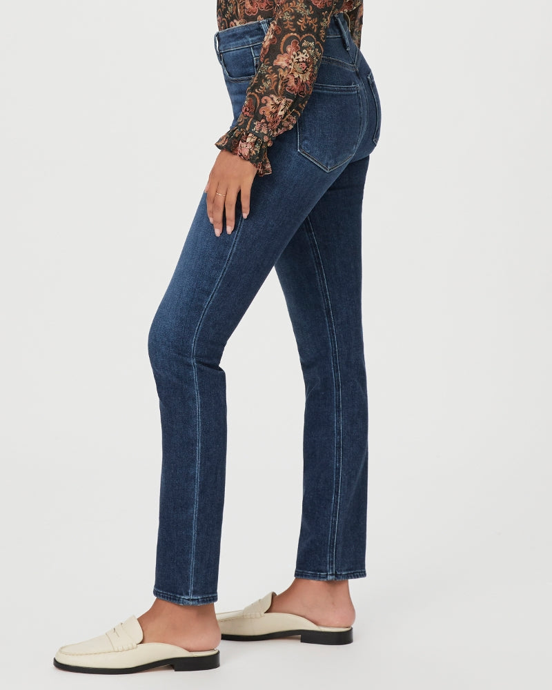 The back view of a woman wearing Paige Cindy Straight - Sketchbook high-rise jeans.