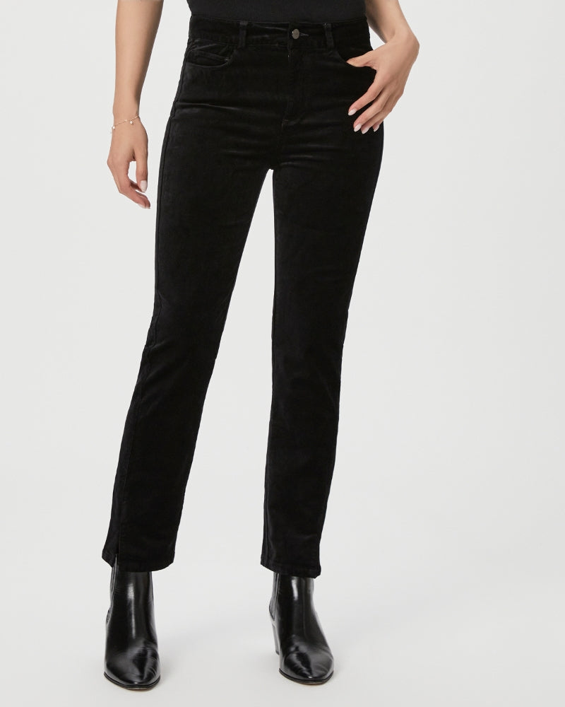 model wearing paige cindy black velvet jeans