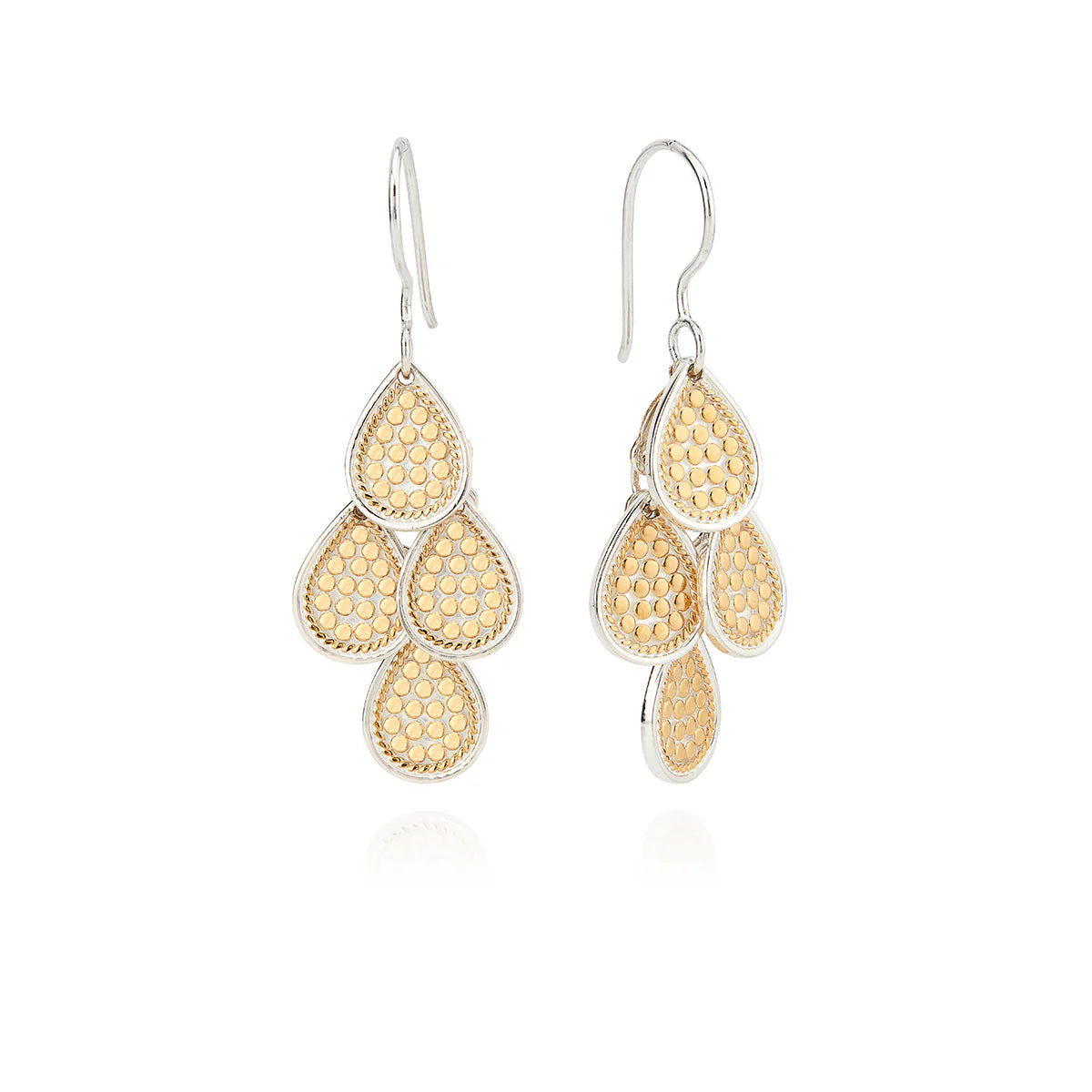 A pair of "Classic Chandelier Earrings - Gold" by Anna Beck featuring teardrop-shaped, 18k gold-plated patterns and sterling silver hooks.