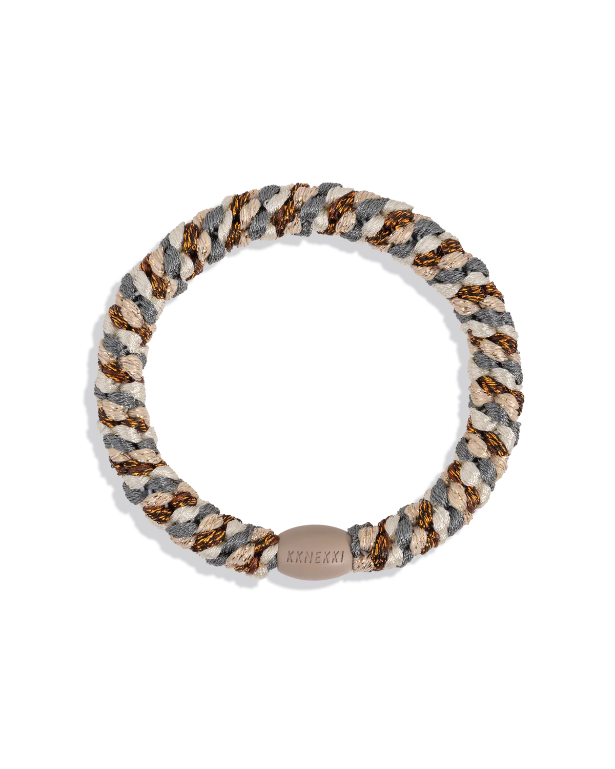 The KKNEKKI Hair Tie - Mix features braided gray, brown, and beige tones with a gentle grip and a small oval clasp labeled "Kknekki.