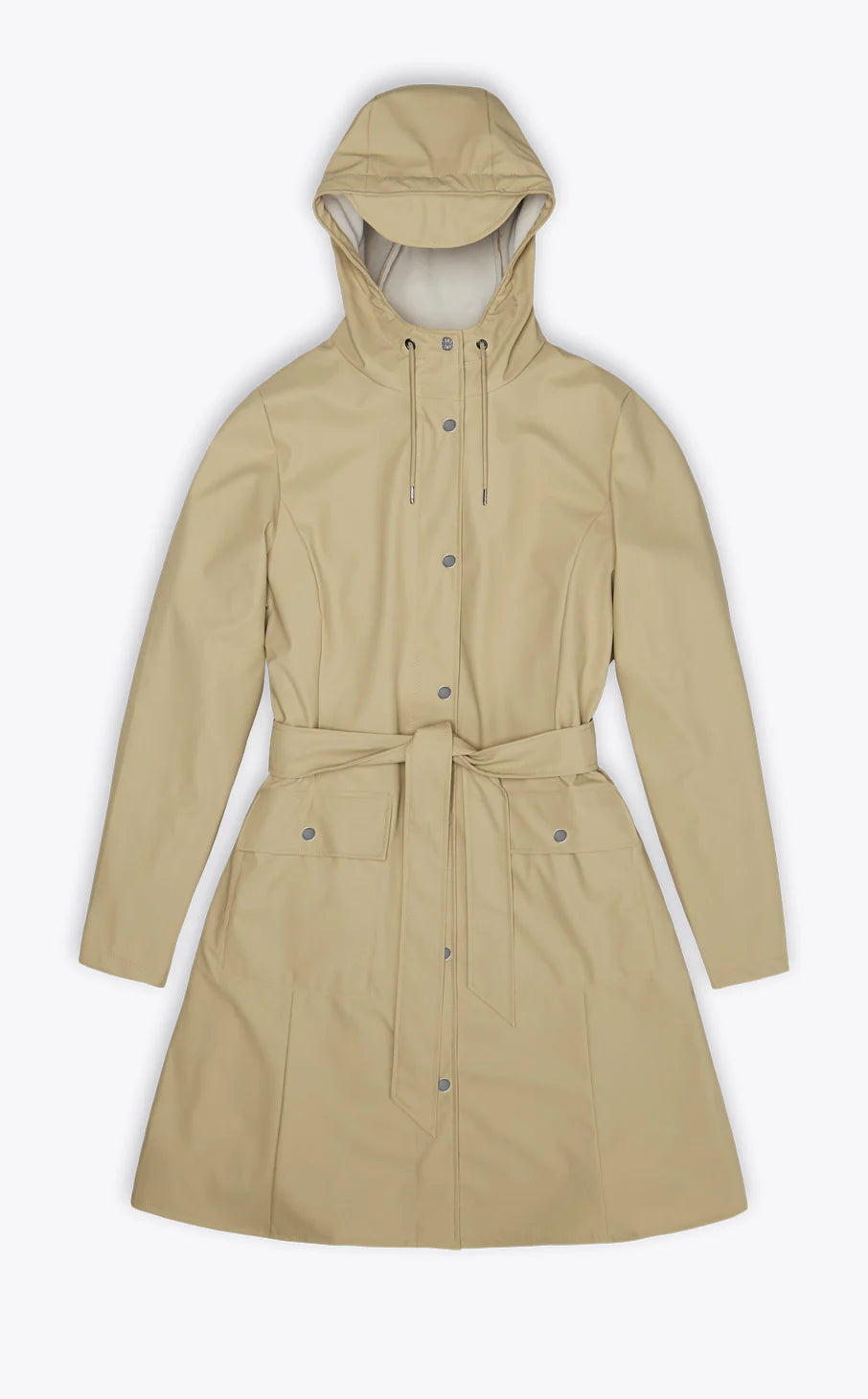 Curve W Jacket W3 by Rains in beige, featuring a hood, waterproof design, front snap buttons, waist belt, and two large front pockets, laid flat on a white background.
