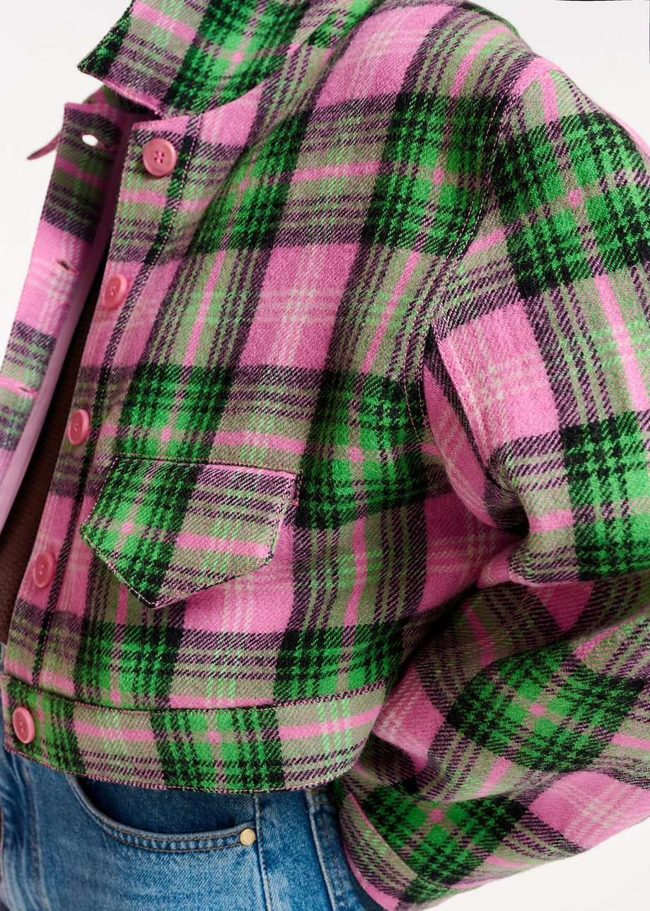 close up of the check detail on the pink, green and black cropped jacket by essentiel antwerp