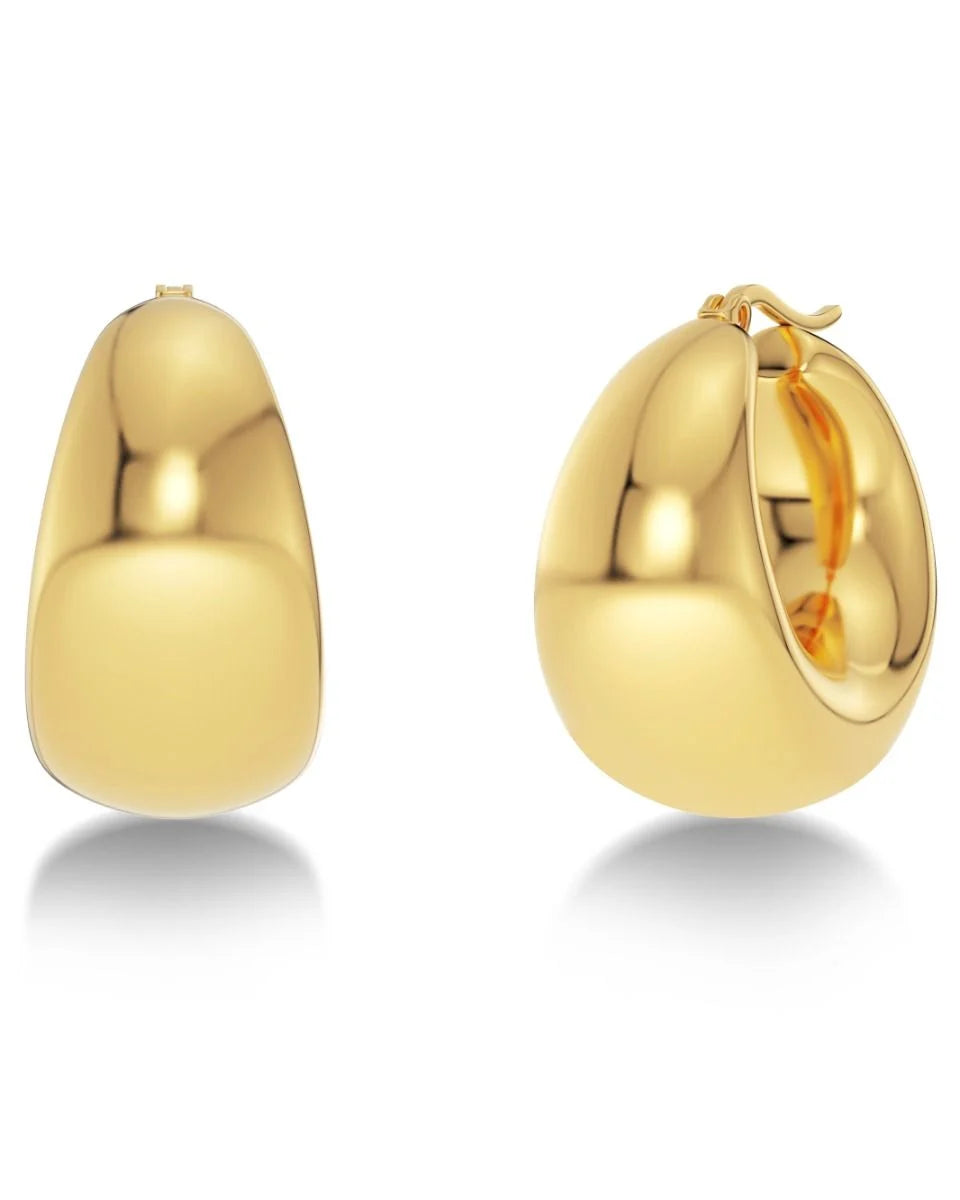 A pair of EDBLAD Boyd Hoops - Gold earrings featuring a stylish statement piece design in 14K gold plating. These gold hoop earrings boast a smooth, rounded finish with the clasp visible on the right earring.