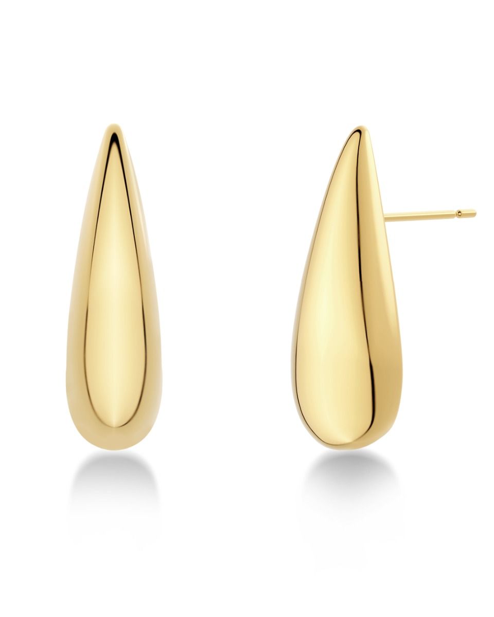 A pair of 14K gold-plated Crest Studs by EDBLAD, featuring a smooth, reflective surface and a teardrop shape, displayed side-by-side on a white background.