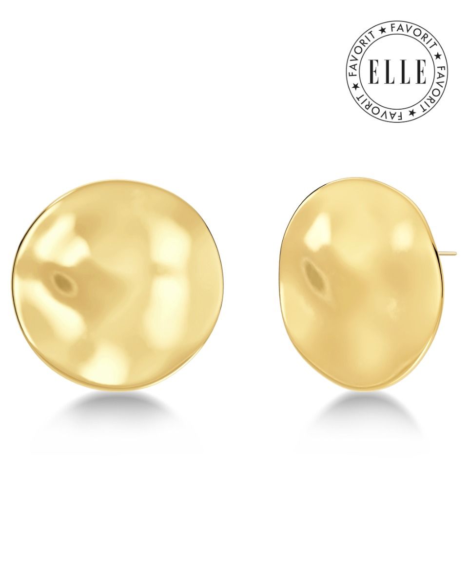 The Flowy Studs Maxi by EDBLAD are a pair of round, gold-toned earrings featuring a slightly hammered texture and stunning 14K gold plating. Showcased against a white background with an "Elle Favorite" seal in the top right corner, these earrings are part of the bold metal jewelry collection.