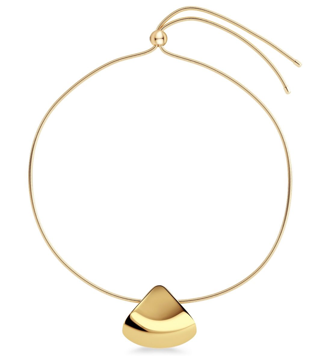 The Melrose Necklace L by EDBLAD is a gold necklace with a triangular pendant on a thin, adjustable loop chain, featuring 14K gold plating for a modern architectural aesthetic.