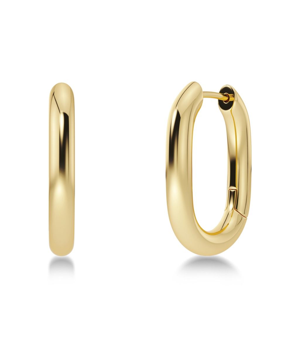 A pair of Modernist Hoops L by EDBLAD in 14K gold plating is displayed, one shown from the side and the other from the front, against a plain white background.