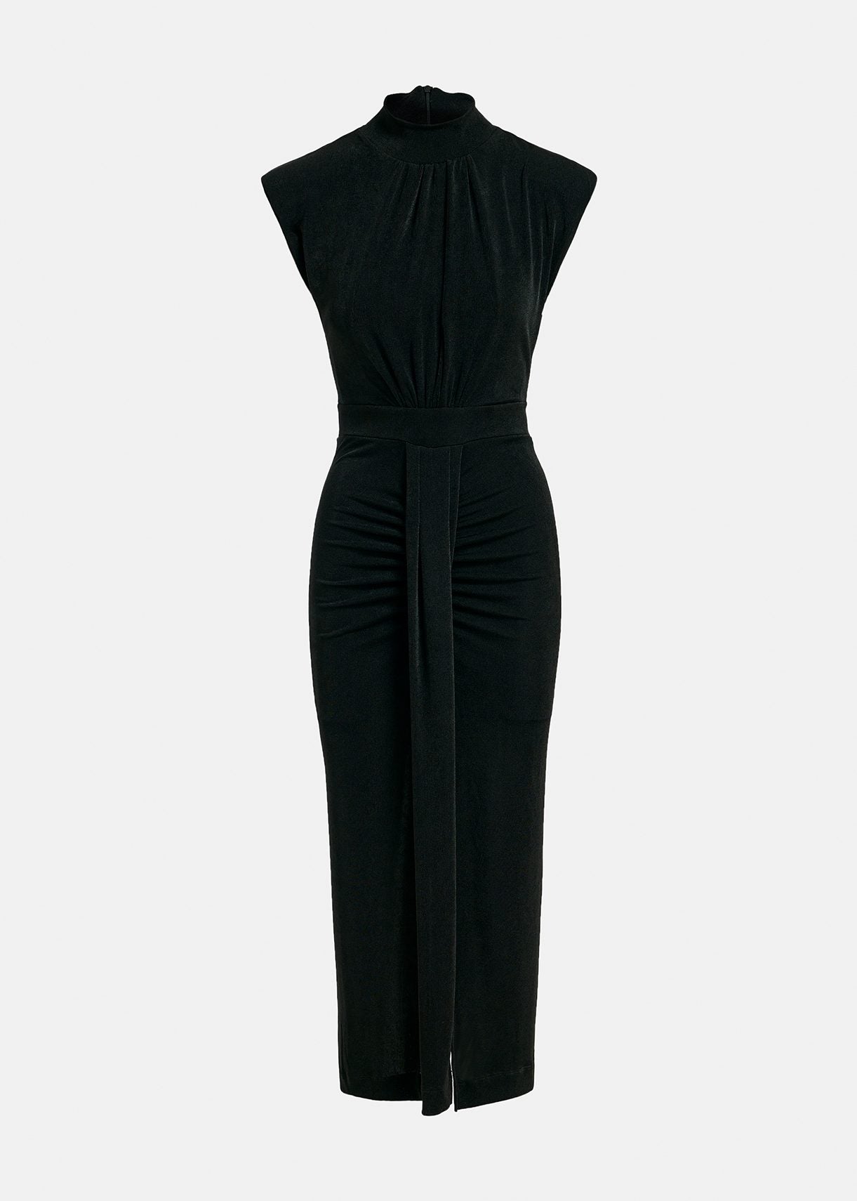 Black midi dress with pleat and slit at front.