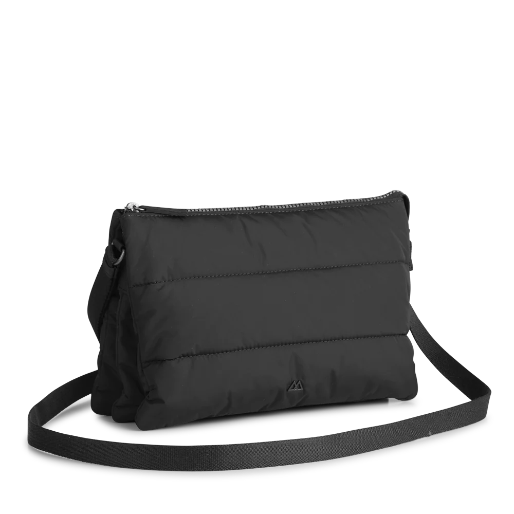 Black Markberg Enea crossbody bag with a zipper closure on a white background, made from recycled plastic bottles.