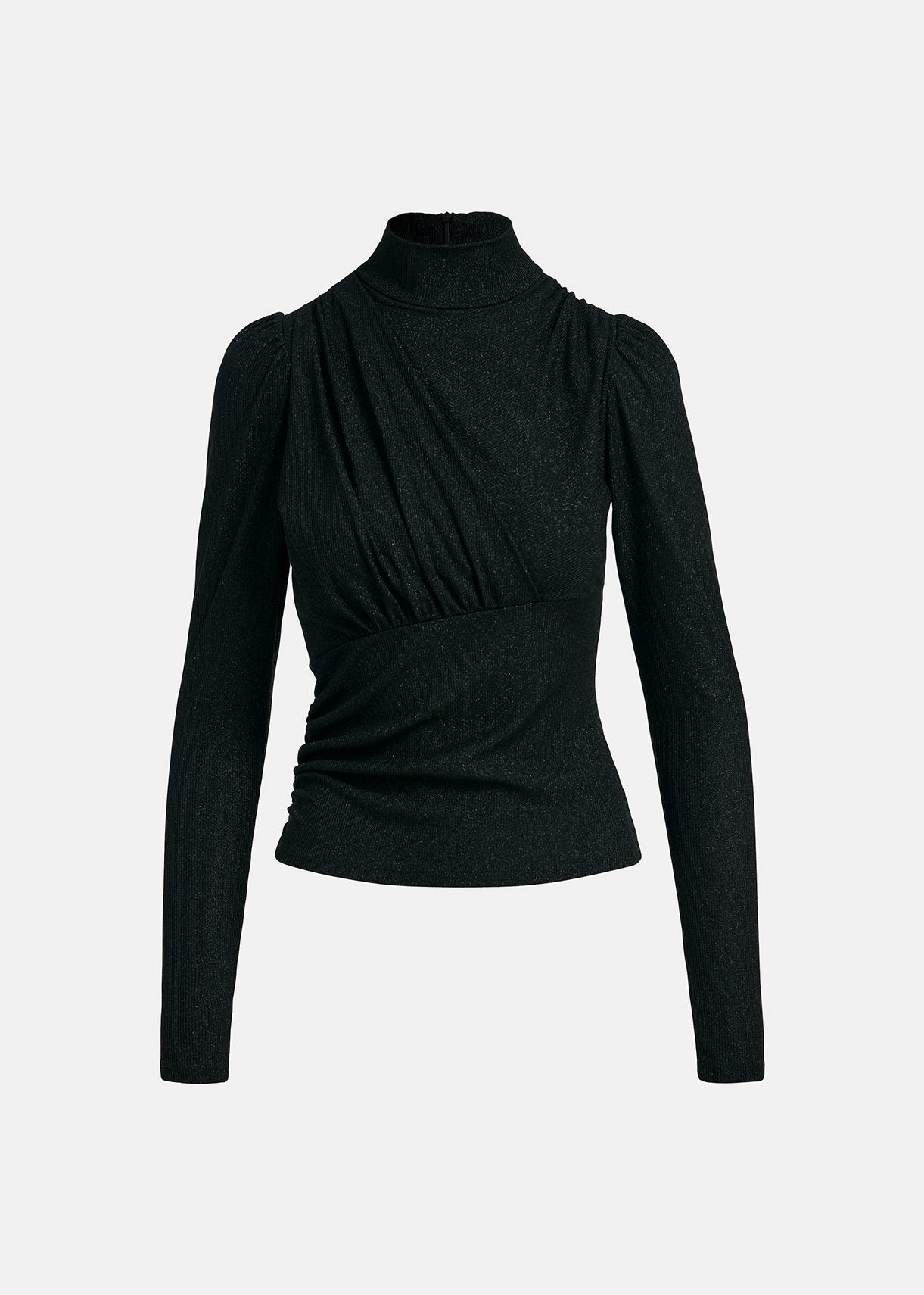 Black long sleeve top with ruching on chest.