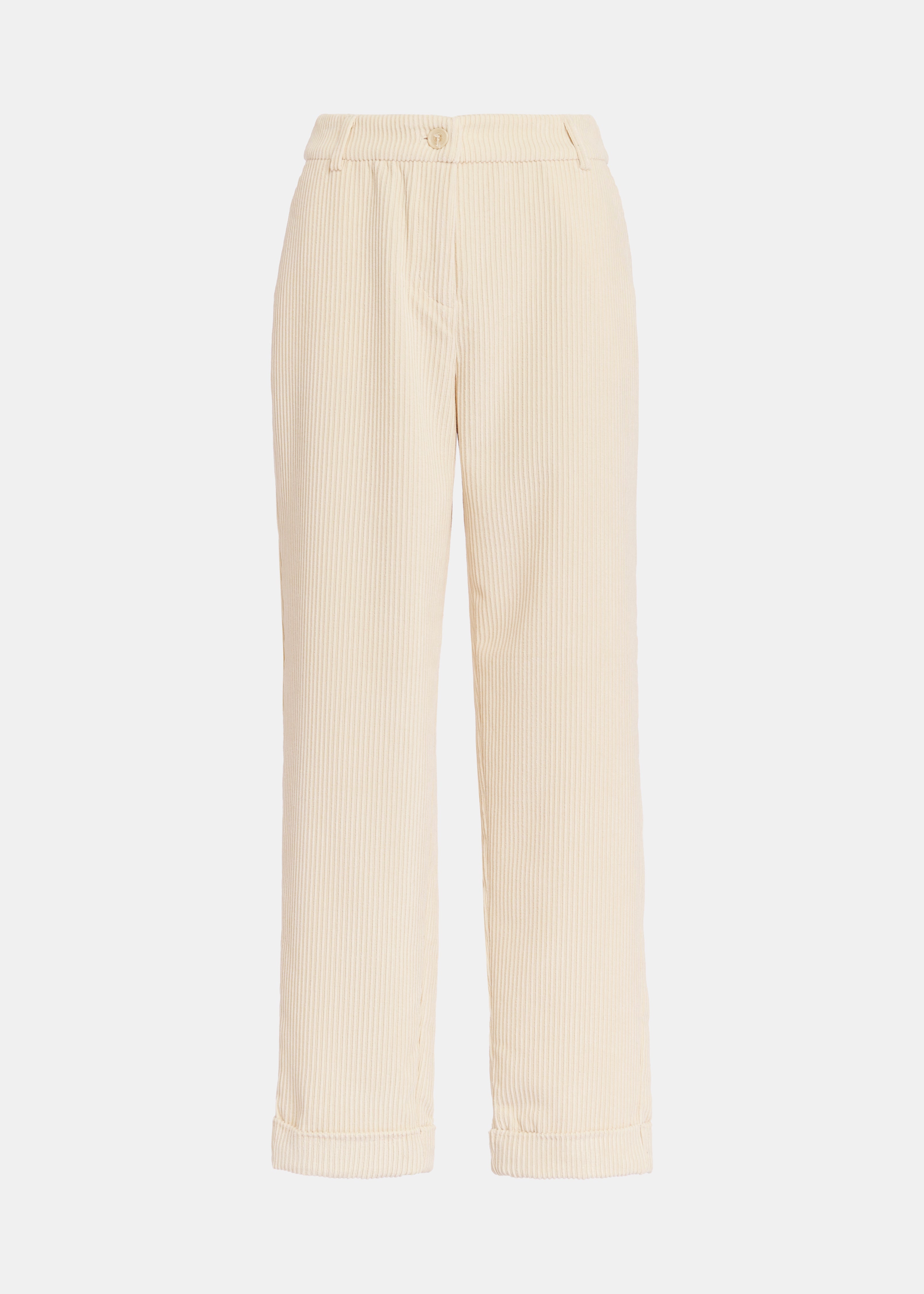 The Gardenia Trousers in ecru by Essentiel Antwerp are perfect for casual wear, featuring a straight-leg cut, button closure, and rolled-up cuffs at the bottom.