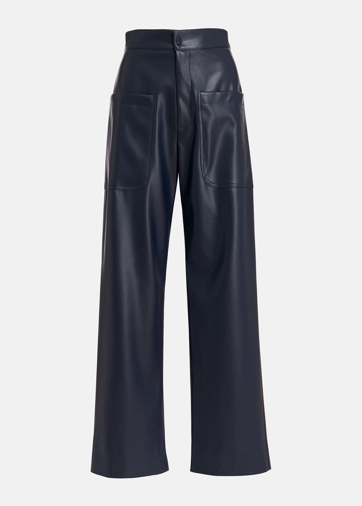 A pair of navy Grate faux leather trousers by Essentiel Antwerp, featuring wide legs, large front pockets, a button closure, and a high waist, displayed against a plain white background.