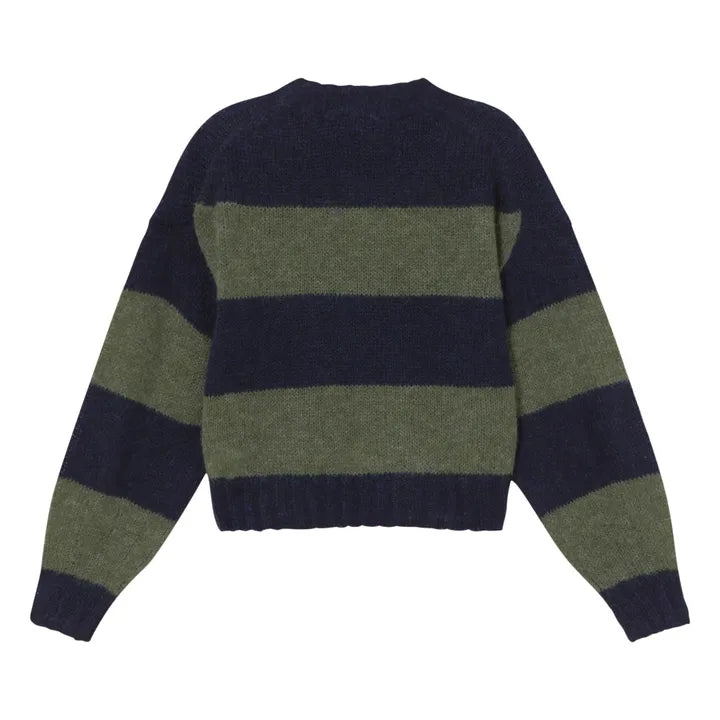 The Oversized Striped Sweater - Navy/Khaki by Tiny Big Sister features wide stripes, long sleeves, a ribbed hem, and is crafted from a cozy mohair blend for ultimate comfort.