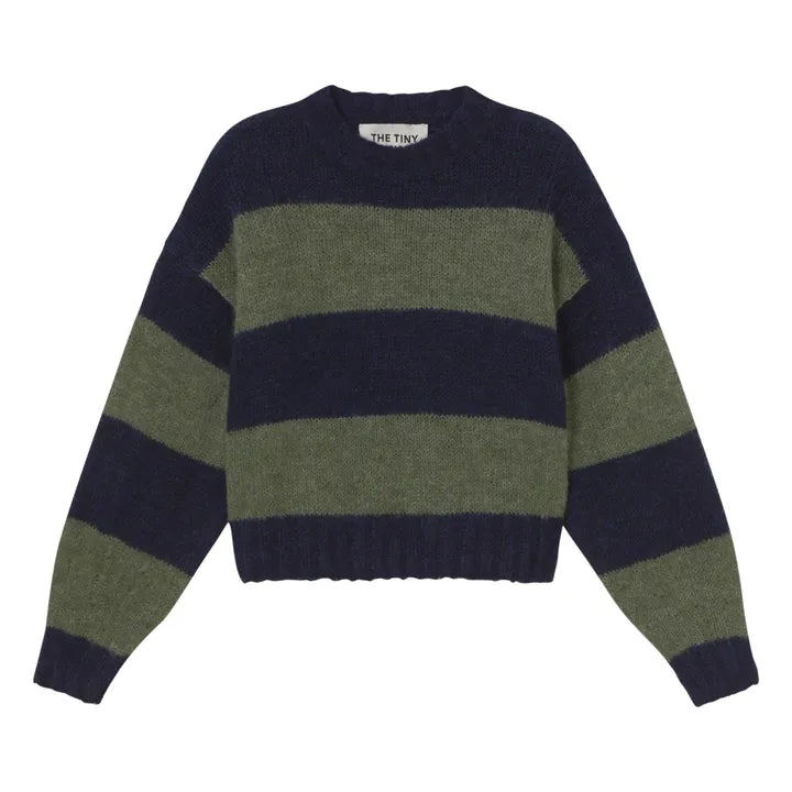 The Oversized Striped Sweater - Navy/Khaki by Tiny Big Sister features wide horizontal navy and khaki stripes, a crew neck, and long sleeves for a bold yet cozy look.
