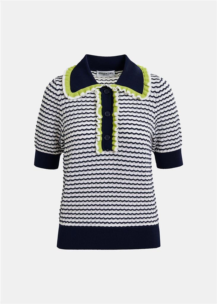 The Haximum Ruffled Polo by Essentiel Antwerp is a navy and white knit shirt with a relaxed fit, striped pattern, short sleeves, button-up front, and neon yellow trim.