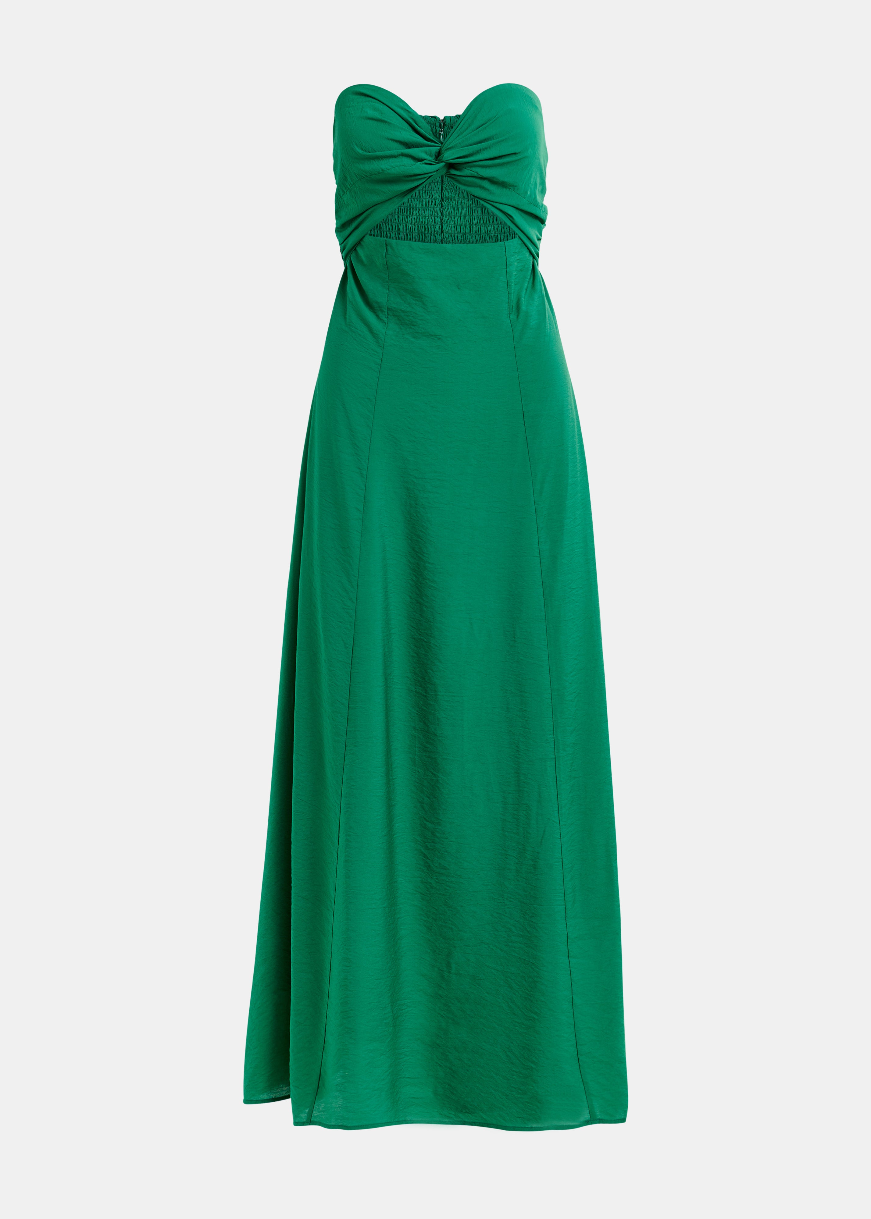 The Heorgia Dress by Essentiel Antwerp is a strapless green dress with a close-fit design, knotted bust, and cutout below the chest, featuring smooth, flowing fabric.