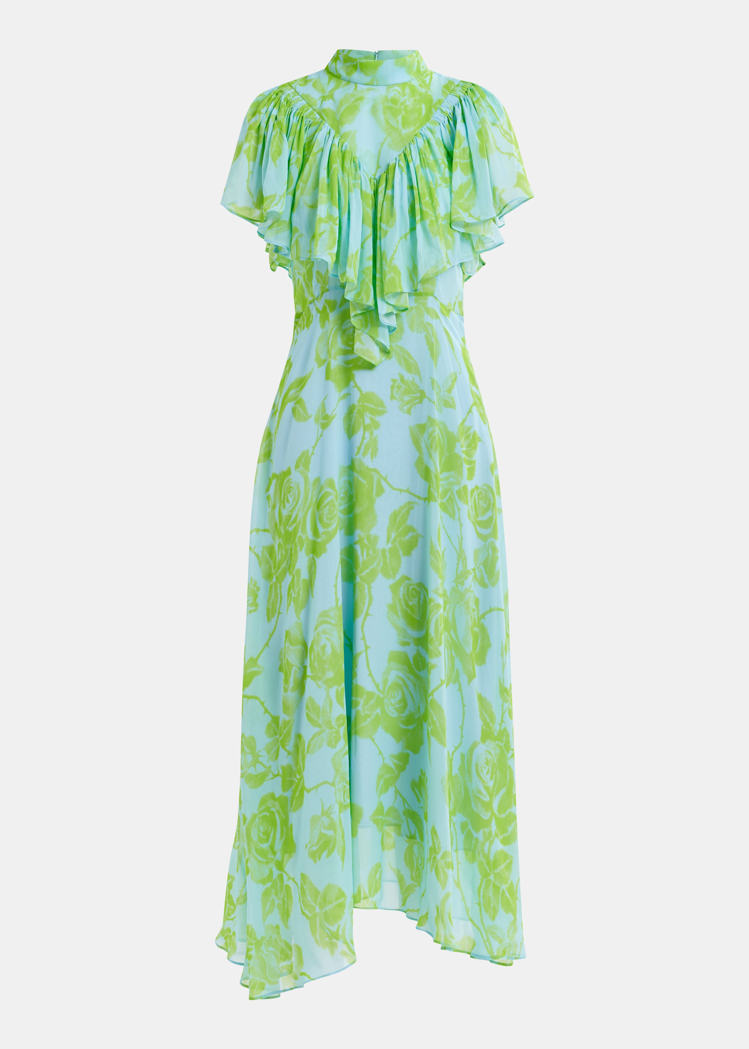 The Honolulu Dress by Essentiel Antwerp is light blue with a lime green floral pattern, featuring ruffled short sleeves and a high collar. Its flowing, asymmetrical hemline and relaxed fit make it ideal for any occasion.