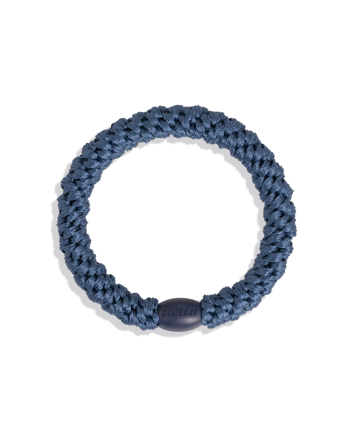 The KKNEKKI Hair Tie - Original is a blue braided elastic hair accessory with a black oval bead featuring the brand name. It's waterproof and offers a gentle grip, making it as comfortable as other popular hair ties.