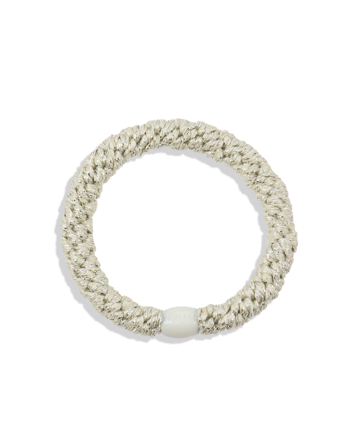 The KKNEKKI Hair Tie - Original in silver metallic braid with a white clasp offers a gentle grip and waterproof design, shown on a plain white background.