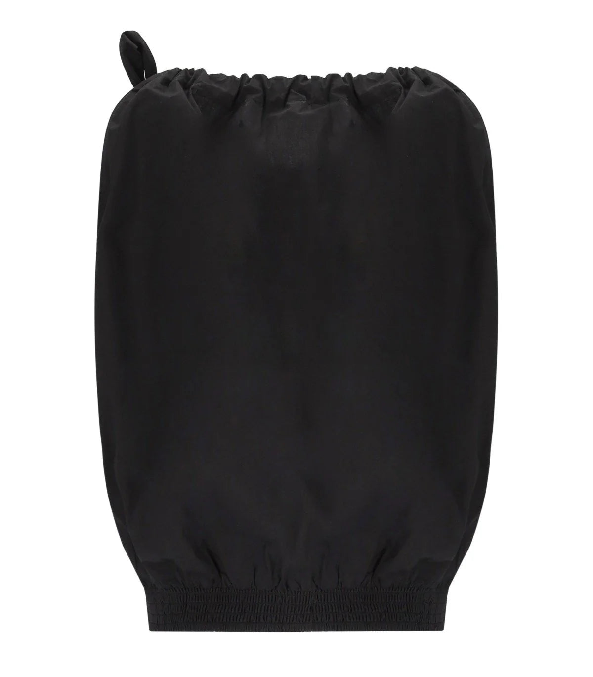 The Jaylah Asymmetric Top by Essentiel Antwerp in black features a drawstring, elastic top, and smocked hem, displayed against a white background.