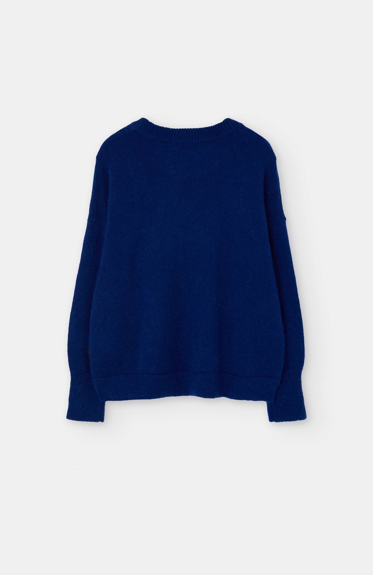 Back view of a navy Loreak Mendian Geroa Jumper, a long-sleeved ECO Merino wool crewneck sweater.
